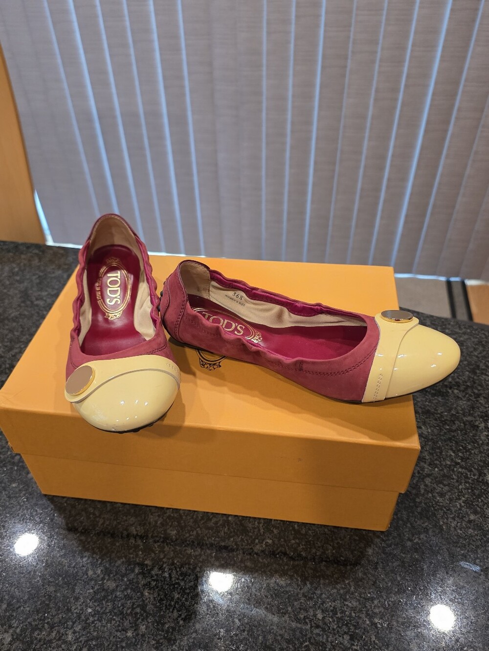 TOD'S Pink Suede Ballet Flats with Cream Patent Cap Toe